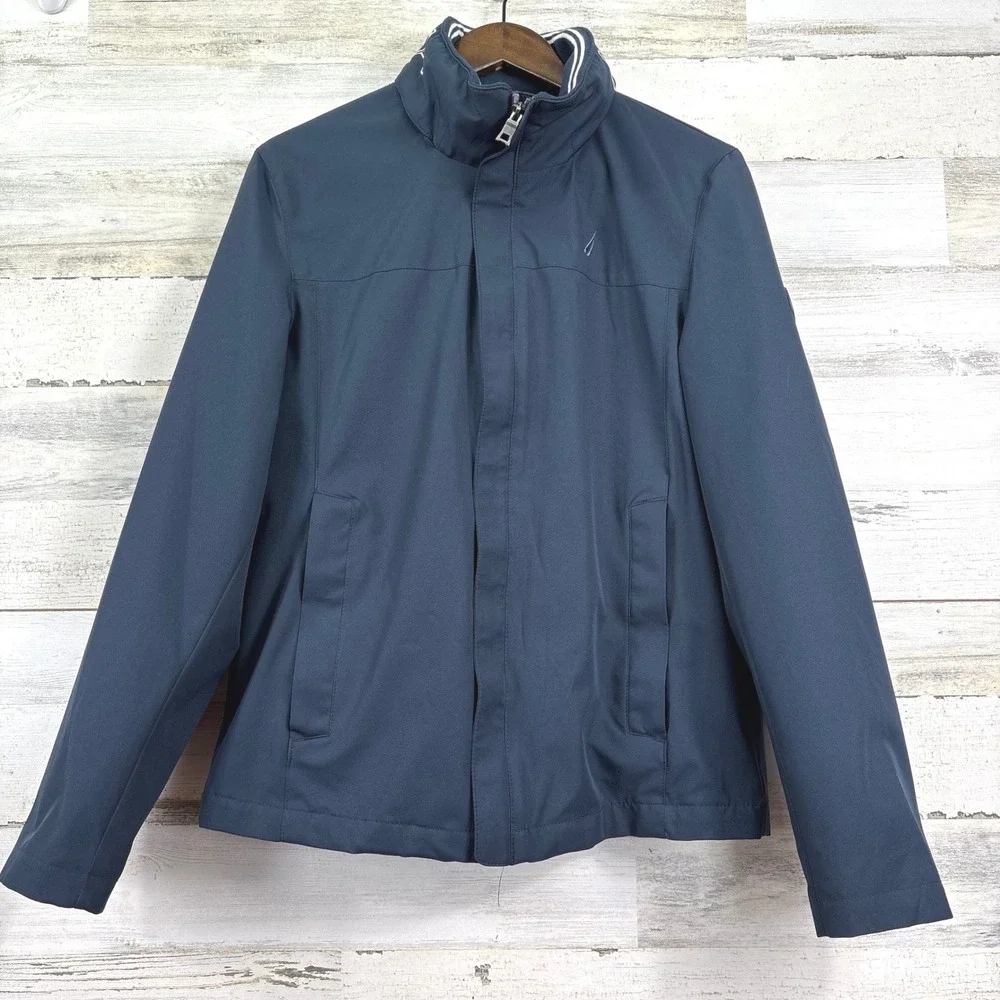 Nautica Mens Navy Blue Jacket Full Zip Hidden Hood Collar Logo Water Resistant S